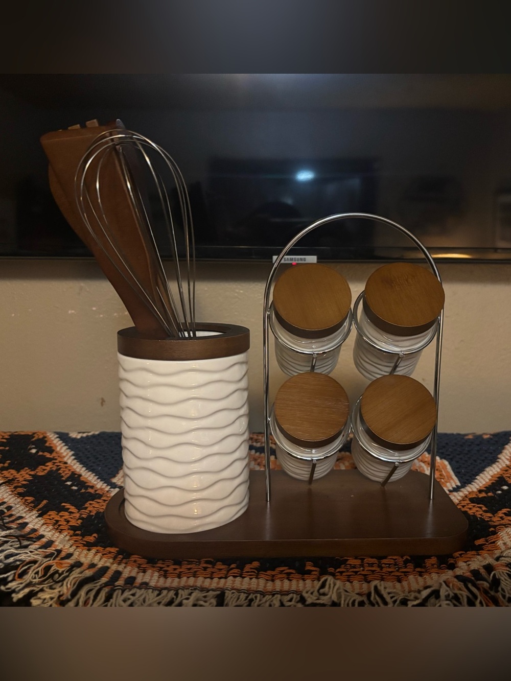 Wood & White Ceramic Countertop Utensil Holder with 4-Jar Spice Rack